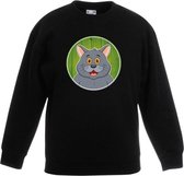 Kinder sweater zwart met vrolijke grijze kat print - grijze katten trui 7-8 jaar (122/128)