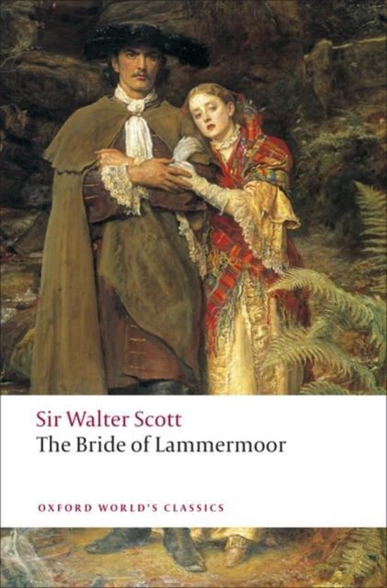 Boekcover: 'The Bride of Lammermoor' door Sir Walter Scott, met een schilderij van een stel in historische kleding.