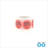 Etiket - Reclame-sticker - 20% korting - rond 35 mm - fluor-Rood - rol à 500 stuks