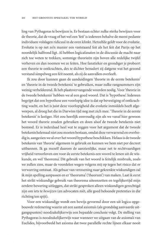 Pagina uit het boek "Het grootste spektakel ter wereld" met tekst over theorieën en hypothesen.