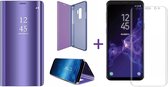 Samsung Galaxy S9 - Lederen Spiegel Portemonnee Wallet Hoesje Paars + Screen Protector PET Glas Folie Transparant 0.2mm