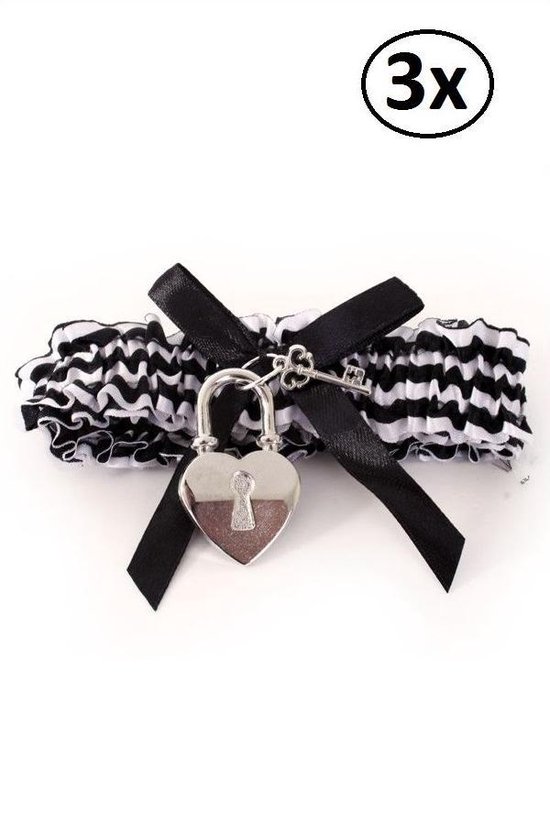 3x Kousenband boef zwart/wit met slot - carnaval thema feest party fun winter feest festival optocht