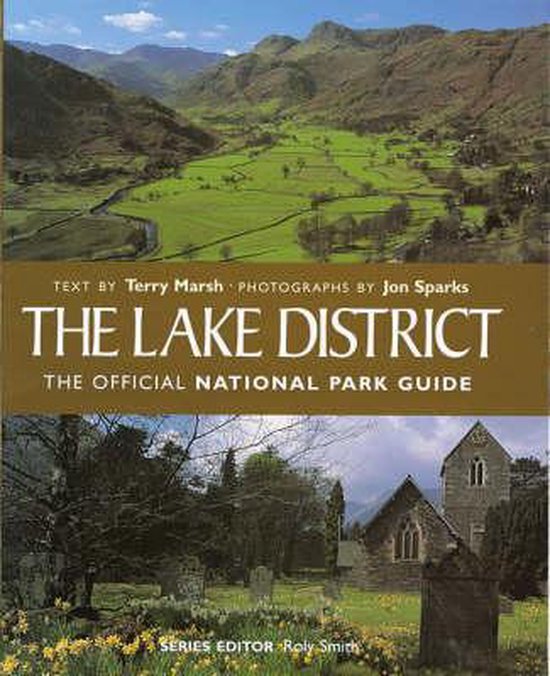 Het officiële nationale parkengidsboek van The Lake District, met een groen dal en een kerk met een kerkhof.