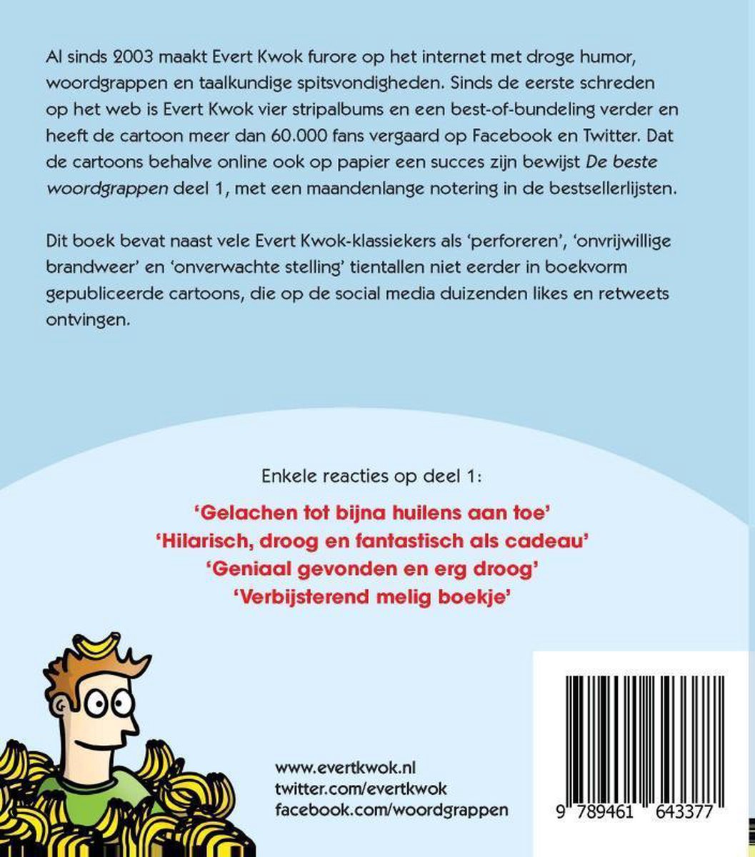 Achterkant van het boek 'Evert Kwok De beste woordgrappen 2' met informatie over de auteur en reacties.