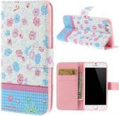 PU Leren Rhinestone Wallet iPhone 6(s) - Roze/Blauwe Bloemen