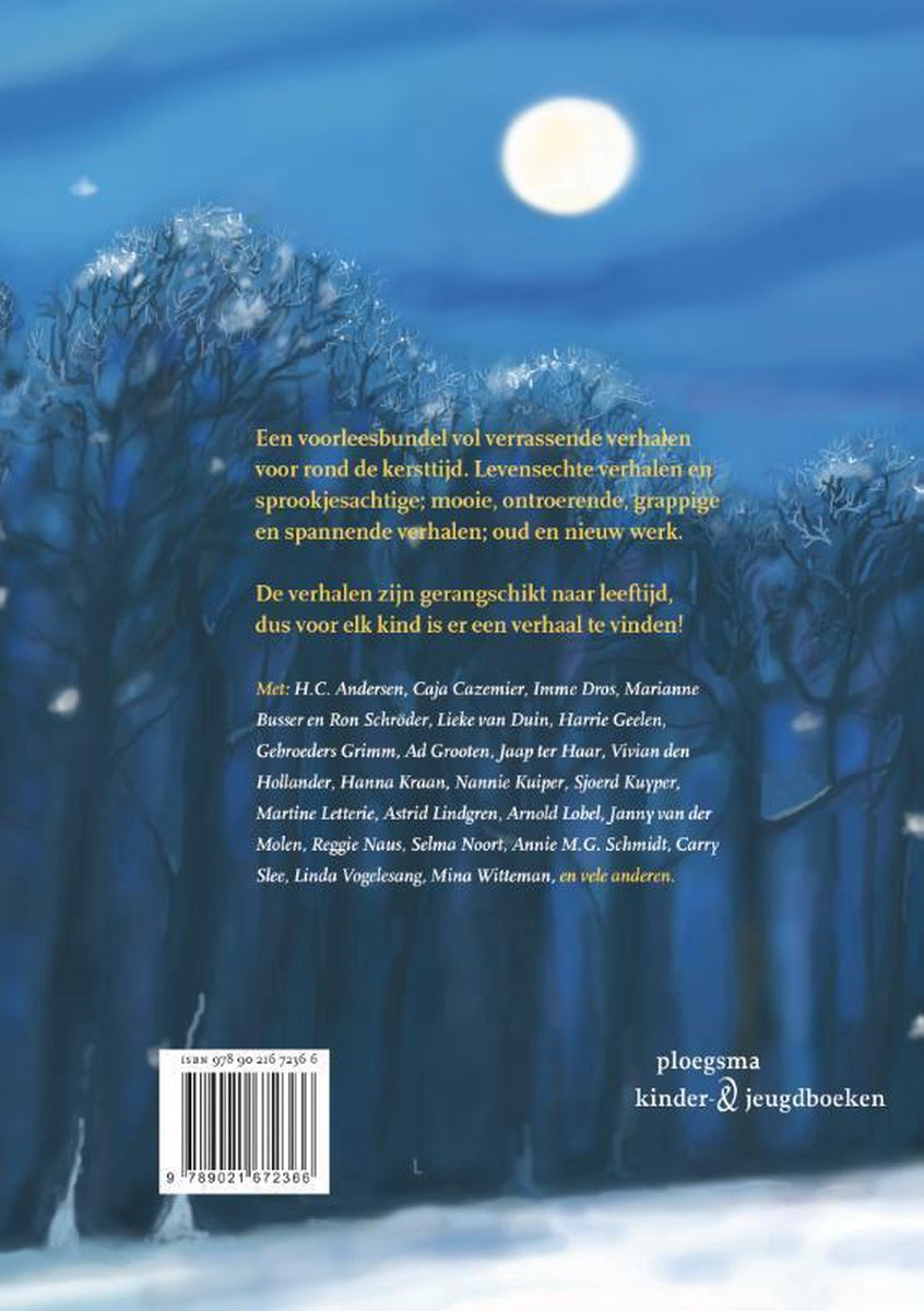 Boek met winterse illustratie van bomen onder de maan.