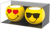 Zak!Designs Smiley 2.0 Theelichthouder - Keramiek - Ø 6 cm - Set van 2 Stuks - Love/Sunglasses - Geel