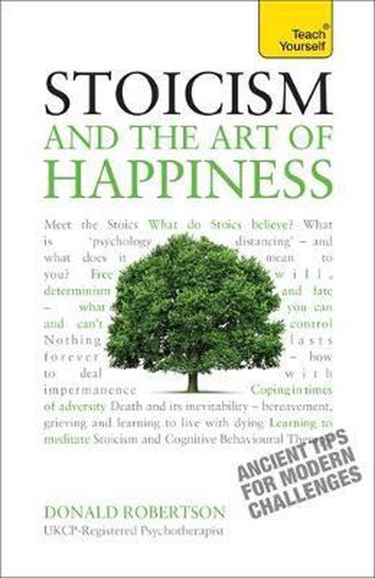 Boekomslag 'Stoicism and the Art of Happiness' met een groene boom in het midden en de tekst 'Ancient tips for modern challenges'.