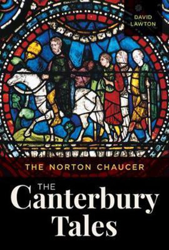 Couverture du livre "The Canterbury Tales" représentant des pèlerins à cheval, encadrée par un vitrail.