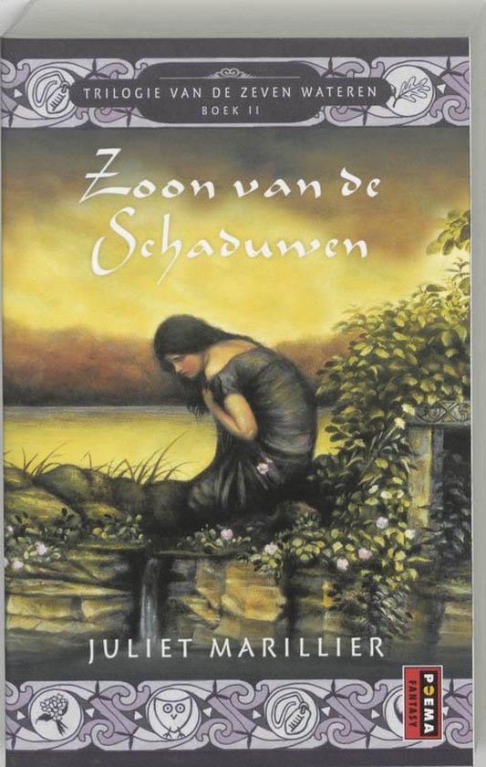 Boekomslag Zoon van de Schaduwen: Een vrouw met donker haar, jurk en met haar handen om haar buik, zit bij een waterkant. Achtergrond zonsondergang en bossen.