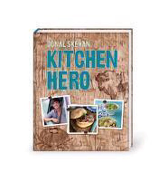 Boek met de titel Kitchen Hero, met een houten achtergrond en drie foto's: een vrouw, een hamburger en een salade.