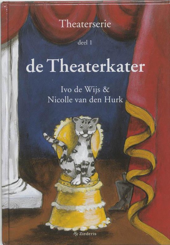 De voorkant van het boek 'de Theaterkater' toont een illustratie van een grijze, gestreepte kat zittend op een gele troon, met rode gordijnen en een pilaar.