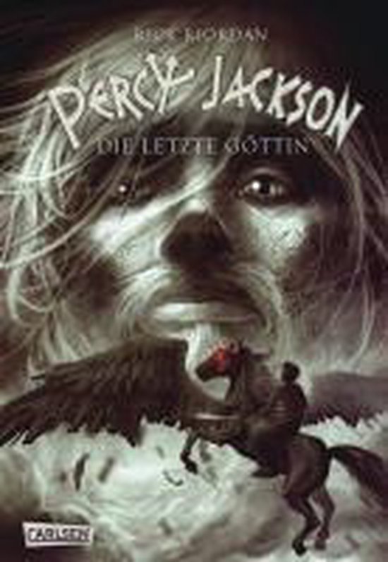 Boek "Percy Jackson: De laatste godin" met een afbeelding van een gevleugeld paard en ruiter voor een dreigend gezicht.