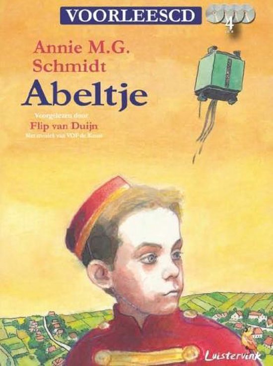 Boekcover van Abeltje, met een jongen in uniform en een groene doos aan een ballon. 'VOORLEESCD' staat bovenaan.