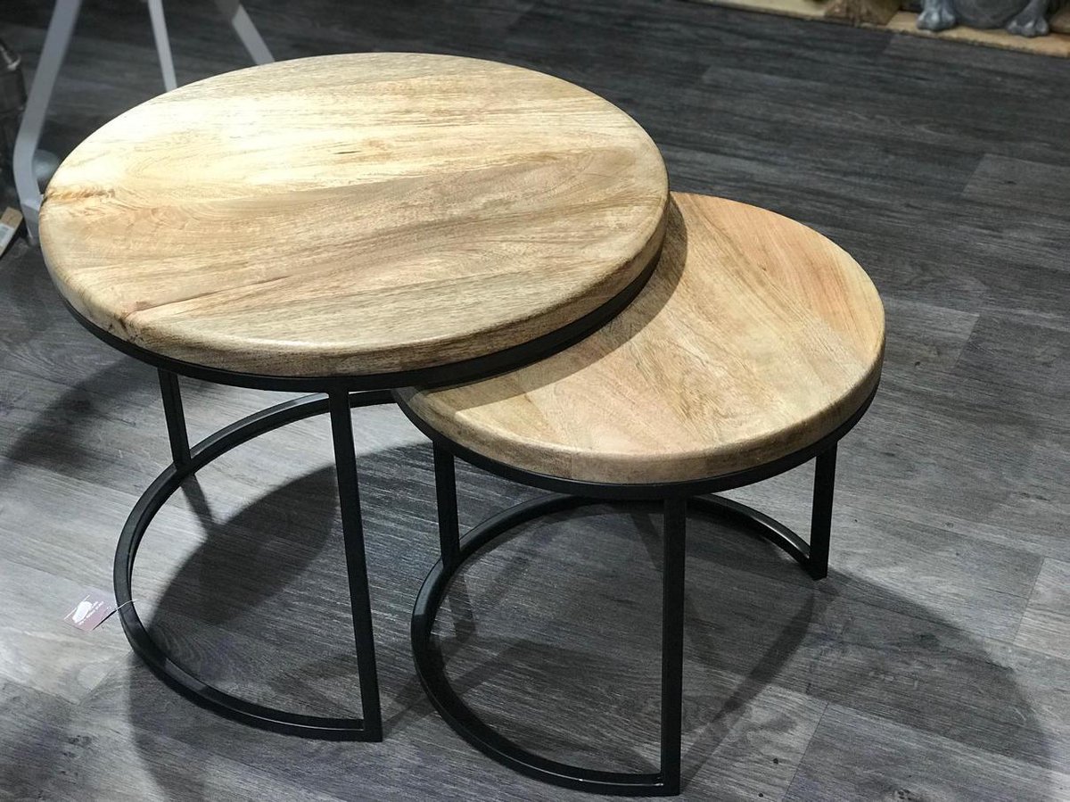 SENSE Salontafel Industrieel S/2 - Bijzettafel zwart -Salontafel set mango 2-delig extra dik blad