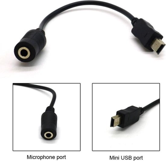 Adaptateur de câble auxiliaire jack 3,5 mm femelle vers MINI USB mâle |  Noir/Noir | 15 cm | bol