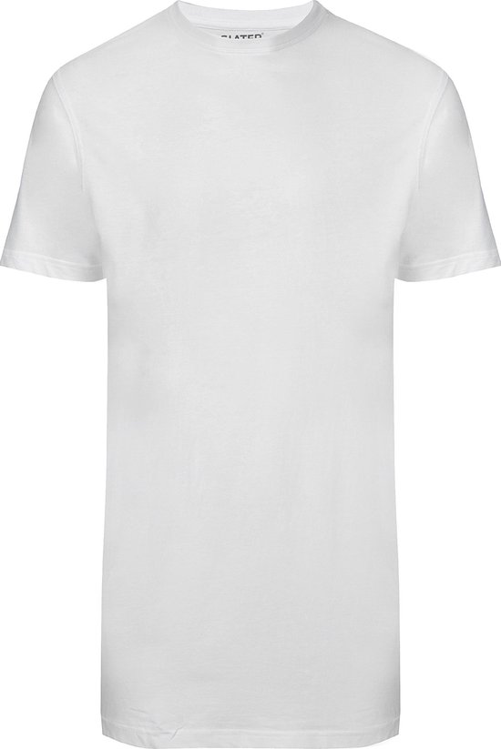 Een wit katoenen T-shirt met ronde hals, extra lange pasvorm.