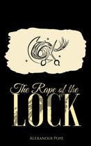 Boekomslag 'The Rape of the Lock' door Alexander Pope. Zwart met een creme-kleurige aquarel-achtige vlek met een schaar die haar knipt. De titel is in sierlijke letters.