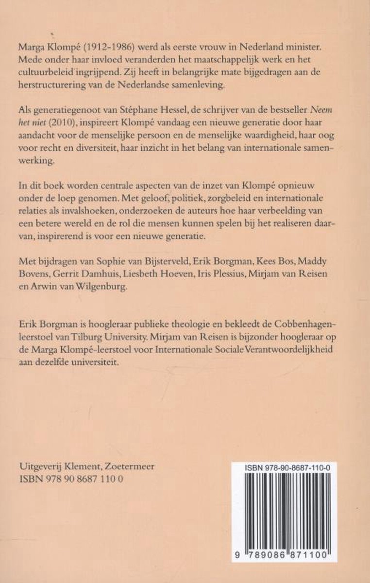 Boekomslag met tekst over Marga Klompé. Rechts de ISBN-barcode.