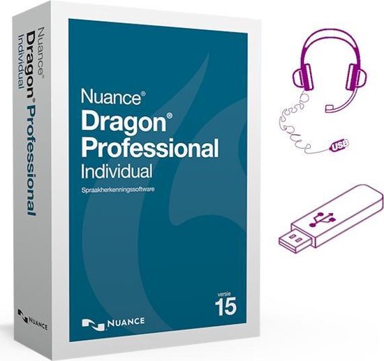 Nuance Dragon 15 Professional Individual - Nederlands+Engels - Met stereo USB-headset en USB-stick met de installatiebestanden.