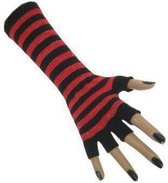 Vingerloze handschoen fluor gestreept rood / zwart lurex