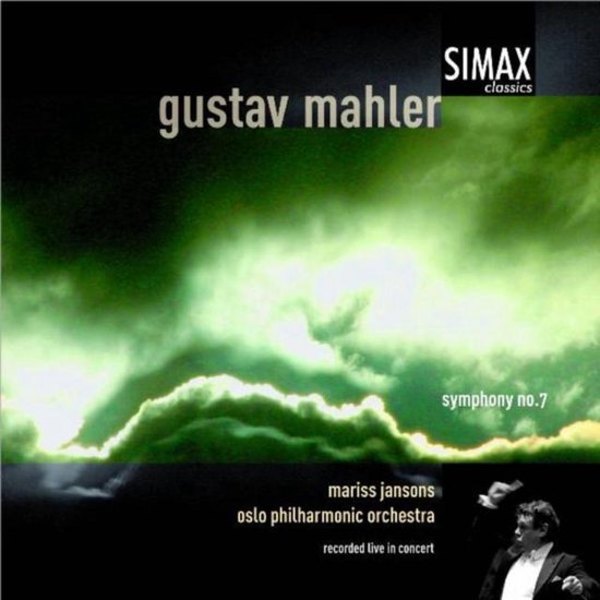 Albumhoes voor Gustav Mahlers Symfonie nr. 7, met een abstracte groene en witte hemel en Mariss Jansons met het Oslo Philharmonic Orchestra.