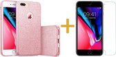 Apple iPhone 8 Plus - Glitters Hoesje Rose Goud Siliconen TPU Case Backcover BlingBling Roze + Gehard Glas Screenprotector 2.5D 9H (Tempered Glass Screen Protector) - 360 Graden Protectie