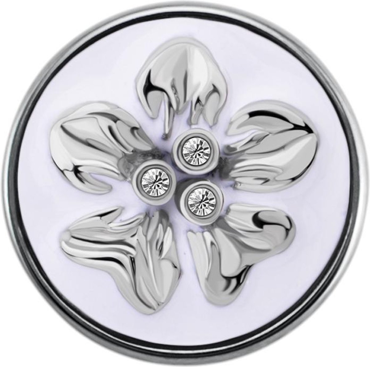 Quiges - Dames Click Button Drukknoop 18mm Bloem Wit met Zirkonia - EBCM070