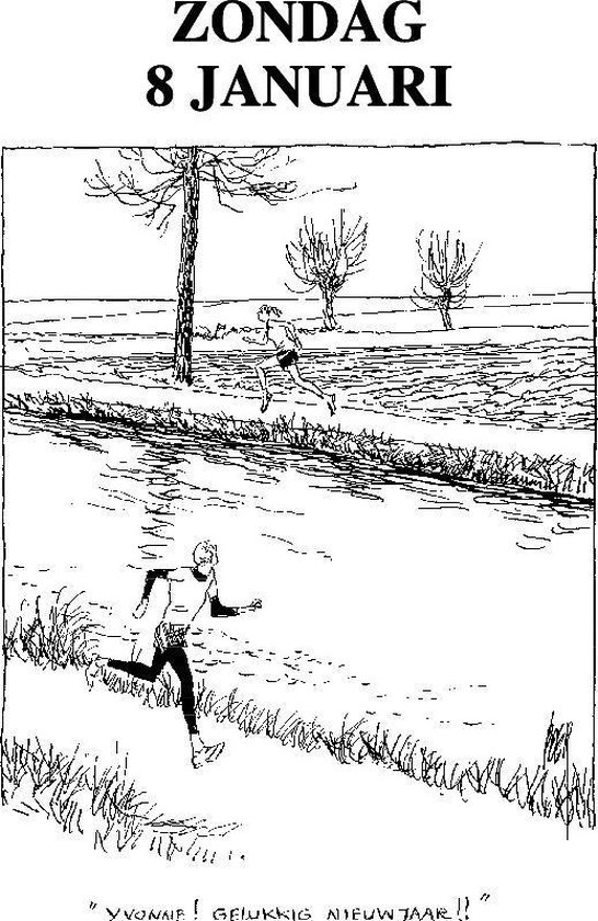 Mannen rennen langs een kanaal, met tekst "Yvonne! Gelukkig Nieuwjaar!"