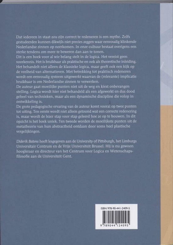 Achterkant van het boek 'Logicaboek' met tekst over de inhoud, ISBN-code en streepjescode onderaan.