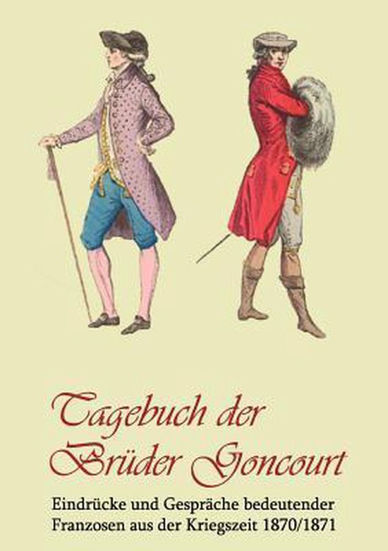 Twee mannen in historische kleding. De linkerfiguur draagt een roze jas, blauwe broek en hoed met een wandelstok. De rechterfiguur draagt een rode jas, een witte broek en laarzen met een bontkraag.