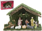 Kerststal hout met 9 porcelein figuren. 40cm. (2113)