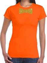 Oranje fun t-shirt met vlinderdas in glitter goud dames L