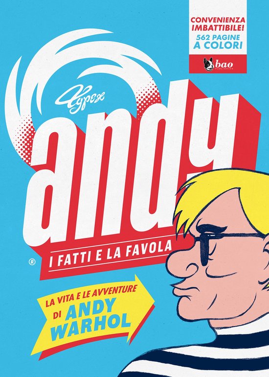 Boekomslag met stripboekstijl illustratie van Andy Warhol, met geleende blonde haren en bril. Grote tekst 'andy'.