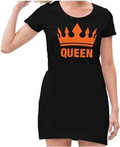 Zwart  jurkje met  oranje Queen en kroon - jurkje dames - Zwart Koningsdag kleding M