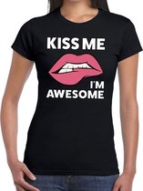 Kiss me i am awesome t-shirt zwart dames - feest shirts dames L