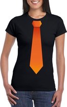 Zwart t-shirt met oranje stropdas dames - Oranje Koningsdag/ Holland supporter kleding XS