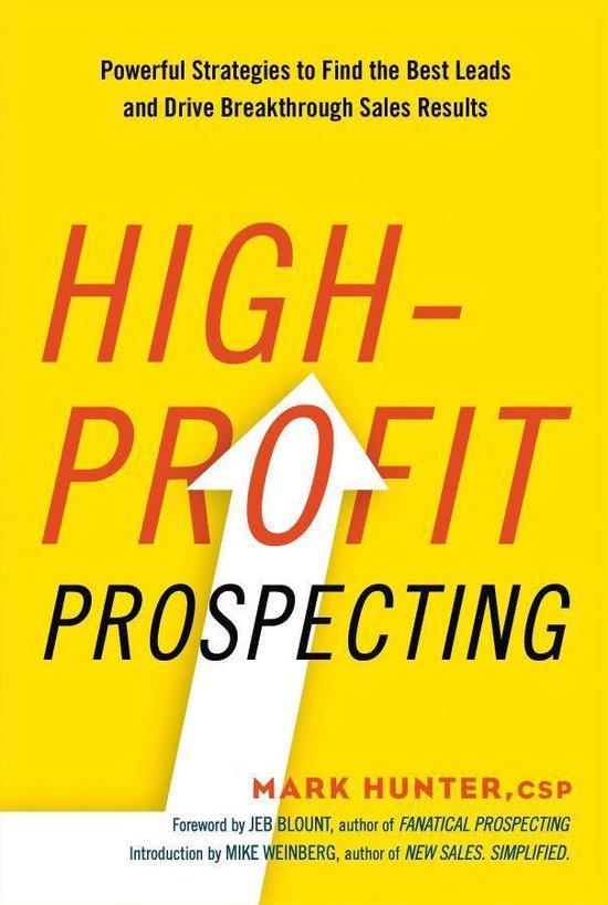 Boek 'High-Profit Prospecting' met de titel in rode en zwarte letters op een gele achtergrond, met een witte pijl omhoog.