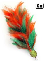 6x Verenpluim 30 cm buigbaar met speld en clip oranje-groen - Carnaval thema feest party fun
