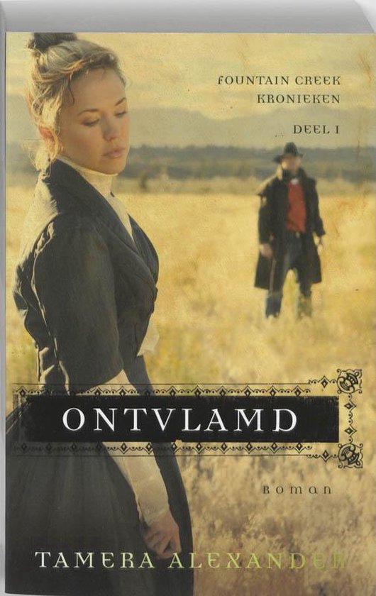 Een vrouw in klederdracht kijkt naar beneden, een man staat in de verte. Titel: "Ontvlamd"
