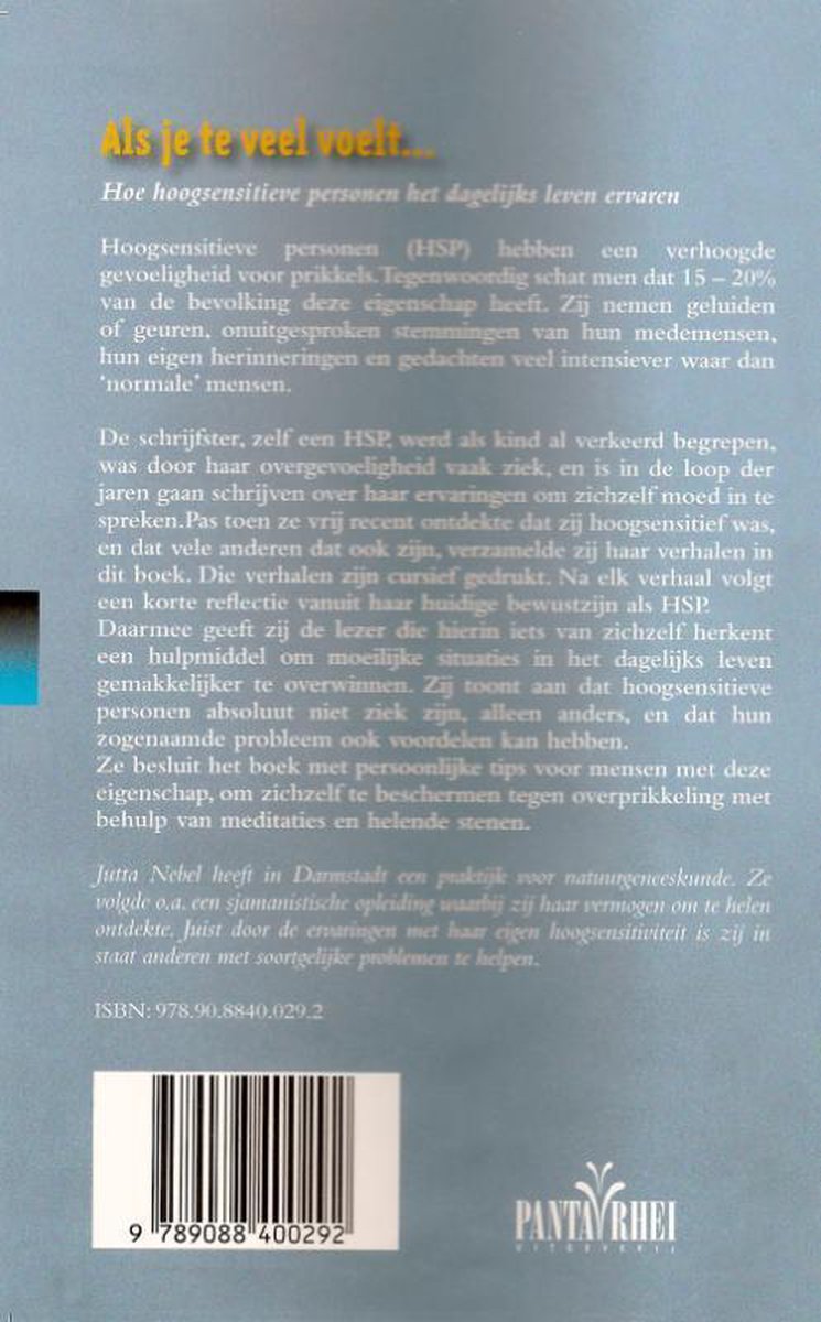 Boekomslag met tekst over hooggevoeligheid. ISBN: 978.90.8840.029.2.