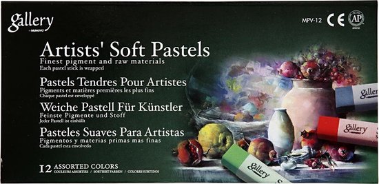 Doos met 12 Mungyo Gallery zachte pastels met een stilleven afbeelding en individueel verpakte krijtjes.