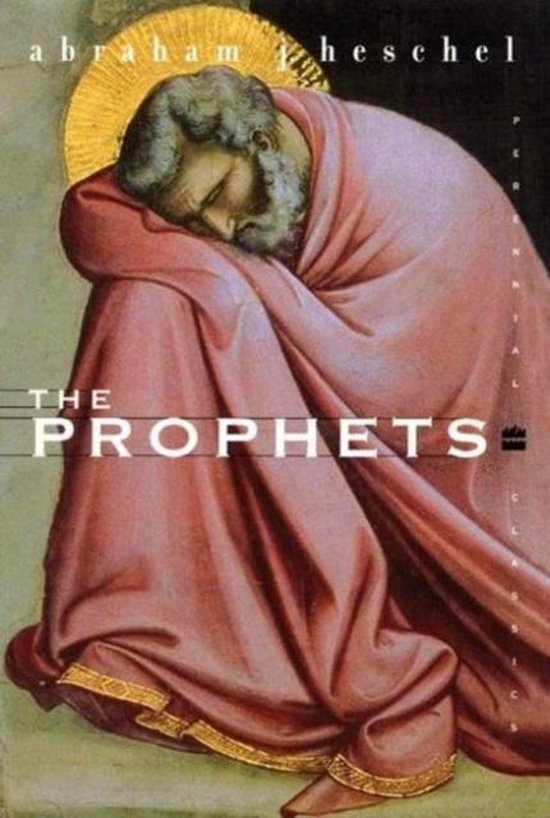 Boek "The Prophets" van Abraham Heschel, met een afbeelding van een profeet in roze gewaad en een gouden aureool.