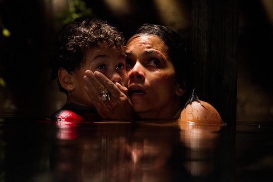 Halle Berry en een kind kijken angstig omhoog vanuit donker water.