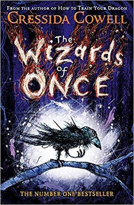 La couverture du livre 'The Wizards of Once' avec un corbeau sur une branche et le titre en flammes.