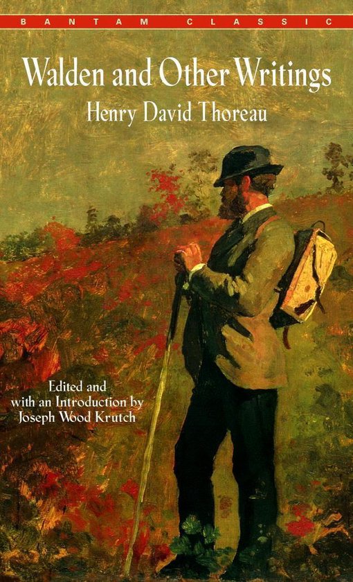 Couverture du livre Walden and Other Writings de Henry David Thoreau, avec une peinture d'un homme avec sac à dos et bâton de marche dans un paysage.