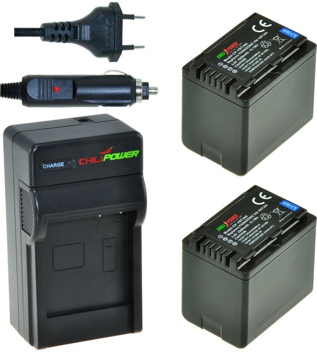 2 x VW-VBT380 accu's voor Panasonic - inclusief oplader en autolader - Origineel ChiliPower
