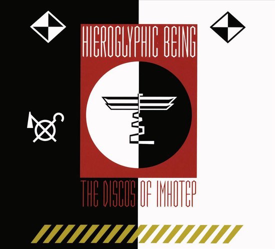 Pochette d'album avec les textes 'Hieroglyphic Being' et 'The Disco's of Imhotep' sur fond noir et blanc avec un cercle rouge et des symboles égyptiens.