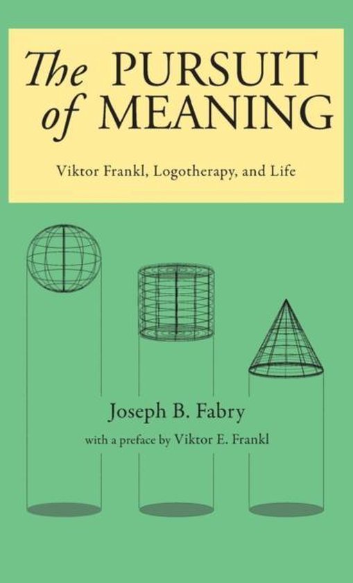 Couverture du livre "The Pursuit of Meaning" avec une barre jaune et un fond vert. Trois formes géométriques : sphère, cylindre et cône.