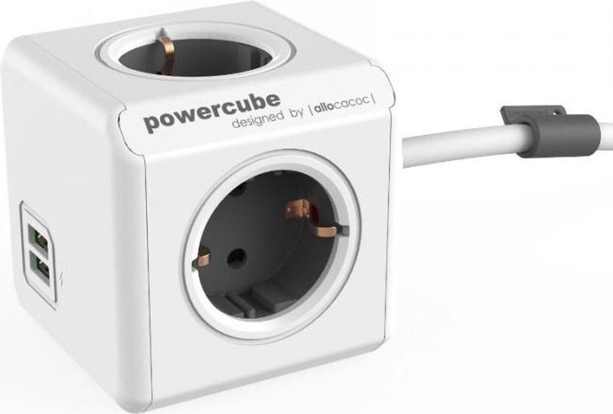 PowerCube Extended Duo USB - 1.5 meter kabel - Wit/Grijs - 4 stopcontacten - 2 USB laders - NL/DE (T